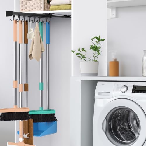 Pull Out Broom Holder With Adjustable Double Row Sliding Hook, Multifunctional Slide Broom And Mop Storage/Organizer Garage Organization Hooks, for Closet Laundry - 41cm/16.14inch - color: Black, size: 16.14 inches