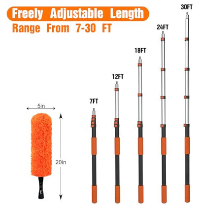LAANPOLE 36FT High Reach Duster Cleaning Kit with Extension Pole, High Ceiling Fan Cleaner Duster Tool for Fan Blades, Window Washing Kit with Microfiber Feather Duster & Window Squeegee - size: 30FT