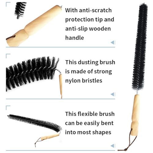 2pcs Radiator Brush, 40cm Long Reach Radiators Duster with Wooden Handle, Flexible Refrigerator Coil Brush Radiators Cleaner with Hanging Hook for Dryer Lint Vent Cleaning