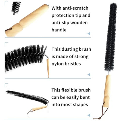 2pcs Radiator Brush, 40cm Long Reach Radiators Duster with Wooden Handle, Flexible Refrigerator Coil Brush Radiators Cleaner with Hanging Hook for Dryer Lint Vent Cleaning