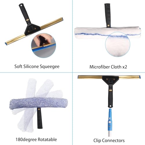 Pro Window Cleaning Kit with Storage Bucket, with 4 13 inch Extension Rods, Scrubber, Spray Bottle, Rag and Scraper with Rotating Head - Car/Home Glass Cleaning System
