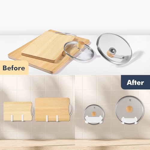 Pot Lid Rack, Wall Mounted 304 Stainless Steel Pan Lid Organizer Holder, Self Adhesive, Kitchen Cooking Utensil Tool (White, Set of 2) - color: White(set of 2)