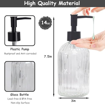 Clear Glass Soap Dispenser with Pump, 2 Pack 13.5oz Bathroom Soap Dispenser with Vertical Stripe for Hand Wash and Dish Wash, Elegant Refillable Hand Dispenser for Dishwashing Liquid, Lotion - color: Clear