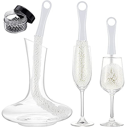 Boao 3 Pcs Wine Decanter Cleaning Brushes with Stainless Steel Cleaning Balls Wine Glass Flexible Bottle Scourers Brushes Cleaners Polishers for Decanter Glass Goblets Champagne Flutes Cups - color: White