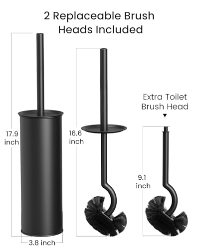 Cesun Toilet Brush and Holder Set, Curved Toilet Bowl Brush for Under Rim Cleaning, 304 Stainless Steel Holder, Weighted Base, Long Handle Toilet Scrubber, 2 Brush Heads, Black - color: Black