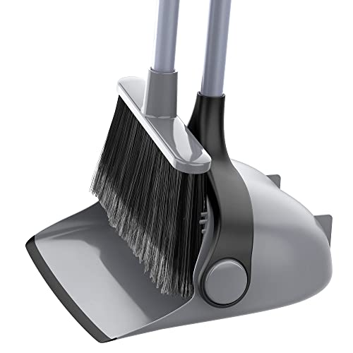 MR.SIGA Broom and Dustpan Set with Adjustable Long Handle, Upright Combo for Floor, Cleaning Lobby, Gray - color: Gray