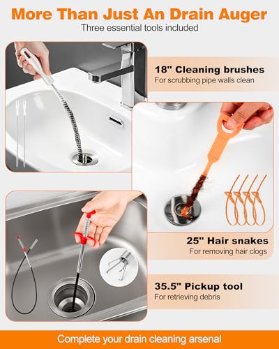 Drain Auger 25 ft, Auto Feed Plumbing Snake Hair Clog Remover with Drill Adapter, Heavy Duty Drain Cleaner Tool Kit with Gloves & Brush for Kitchen Sink Shower Bathtub Bathroom Toilet Clog Removal