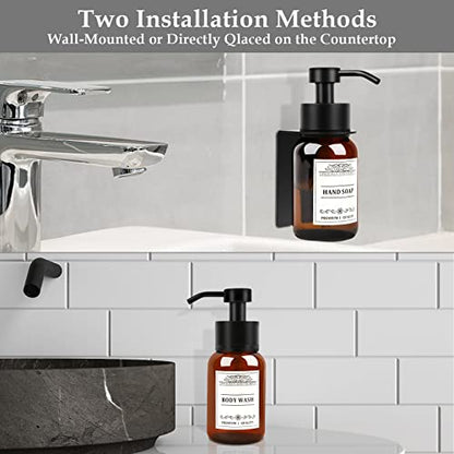 8.5oz Brown Glass Soap Dispenser 2 Pack for Kitchen Bathroom Black | Leakproof conditioner and hand soap pump set with waterproof DIY labels; rustproof holder saves countertop space. - color: Amber Set of 2