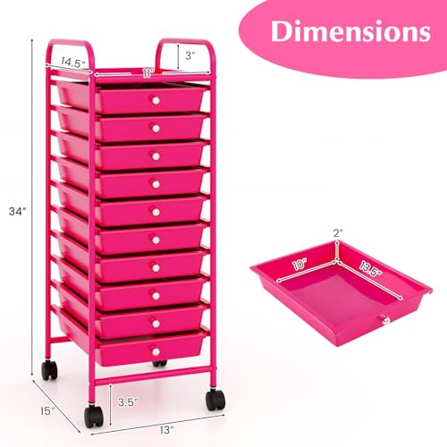DREAMADE Rolling Cart with Storage Drawers, Utility Cart w/Removable Plastic Drawers, Lockable Wheels, Art Cart for Classroom Organization Art Supplies Office Scrapbook (10 Drawers, Hot Pink) - color: Hot Pink, style: 10 Drawers