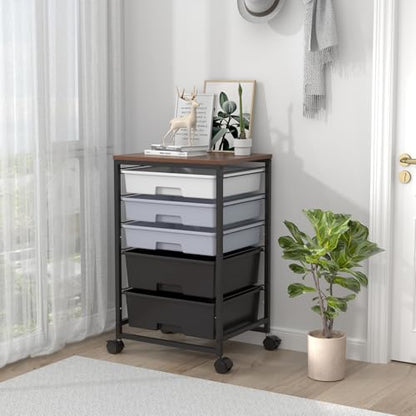 SYKIARIOL Utility Cart with 5 Drawers,Storage Drawer Cart with Wooden Tabletop and Lockable Wheels,Craft Storage Trolley Cart,5-Tier Rolling Utility Cart on Wheels,Dark Grey - color: Dark Grey