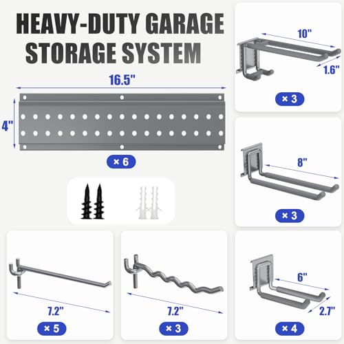 Garage Tool Organizer Wall Mount 99 inches with 18 Adjustable Heavy-Duty Hooks, Garage Organization, Garden Tool Storage Rack, Yard, and Shed, Holds Up to 750 lbs (Grey) - size: 99" | 6 Panels + 18 Hooks