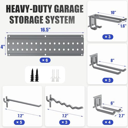 Garage Tool Organizer Wall Mount 99 inches with 18 Adjustable Heavy-Duty Hooks, Garage Organization, Garden Tool Storage Rack, Yard, and Shed, Holds Up to 750 lbs (Grey) - size: 99" | 6 Panels + 18 Hooks