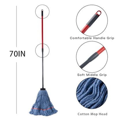 Matthew Large Commercial&Residential Mop Heavy Duty Industrial Mops w/Screw-on Handle(Fit Standard American Screw) Looped-End String Wet Cotton Mops for Home,Office,School - 4 Set&4 Mop Replacements - color: Medium Mop Stick(screw-on), size: 4 Looped End