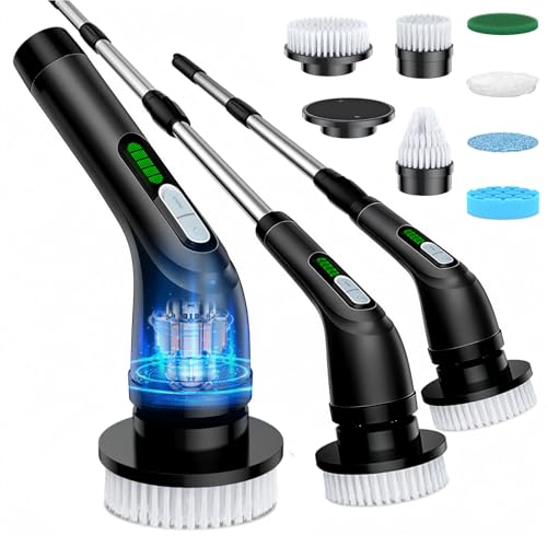 Highyes Electric Spin Scrubber, Powerful 2-Speed Cleaning Brush, | IPX7 Waterproof with 7 Reusable Brush Heads & Extendable Handle, for Bathroom Toilet Shower Kitchen Wall Tile Floor Grout - color: Black