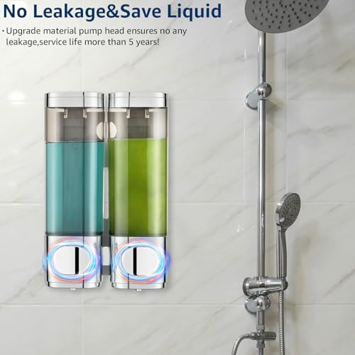 Pollock Shampoo and Conditioner Dispenser Wall Mounted, Shower Soap Dispenser 2 Chamber No Drill, Shampoo Dispenser for Shower, Body Wash Dispenser for Bathroom, Large Capacity, (Silver DG2 Chamber) - color: Silver Dg2 Chamber