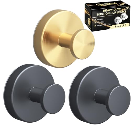 Suction Cup Hooks, Shower Hooks No Drill, Heavy Duty Wall Hooks for Hanging 15lbs, Reusable Waterproof Towel Hooks for Bathrooms Kitchen Glass Door Tile, Stainless Steel Hook Holder 3 Pack - color: 1 Gold 2 Black, size: 3 Pack