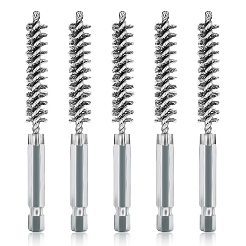 ASNOMY 5Pcs 3/8" Stainless Steel Bore Brush Set - Stainless Steel Bristles Wire Brush with 1/4" Hex Shank - style: 5Pcs 10mm | 3/8" Inch