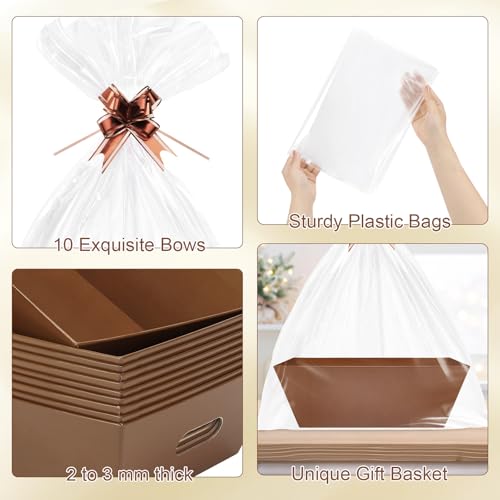AFOROEOA 10PACK Baskets for Gifts Empty, 10x12”Thick Brown Gift Basket with Handles 10 Bows 10 Bags Empty Gift Baskets for Christmas Thanksgiving Wedding Birthday Party Wrapping Gift - color: 10PACK Brown