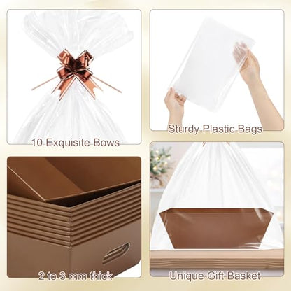 AFOROEOA 10PACK Baskets for Gifts Empty, 10x12”Thick Brown Gift Basket with Handles 10 Bows 10 Bags Empty Gift Baskets for Christmas Thanksgiving Wedding Birthday Party Wrapping Gift - color: 10PACK Brown