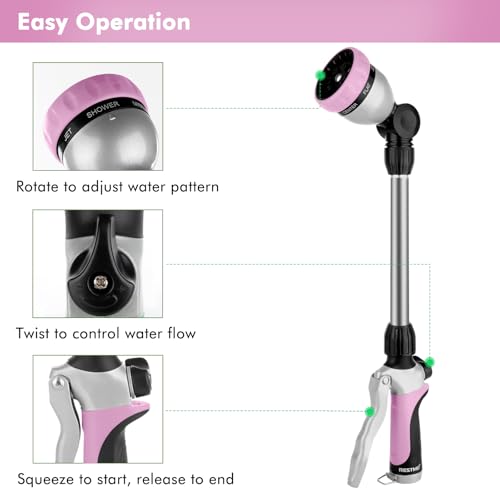 RESTMO Metal Watering Wand, Heavy Duty Garden Hose Wand with 180° Swivel Ratcheting Head, 16'' Hose Nozzle Sprayer with 7 Spray Patterns and Flow Control, for Water Hanging Baskets and Shrubs, Pink - color: Pink