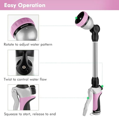RESTMO Metal Watering Wand, Heavy Duty Garden Hose Wand with 180° Swivel Ratcheting Head, 16'' Hose Nozzle Sprayer with 7 Spray Patterns and Flow Control, for Water Hanging Baskets and Shrubs, Pink - color: Pink
