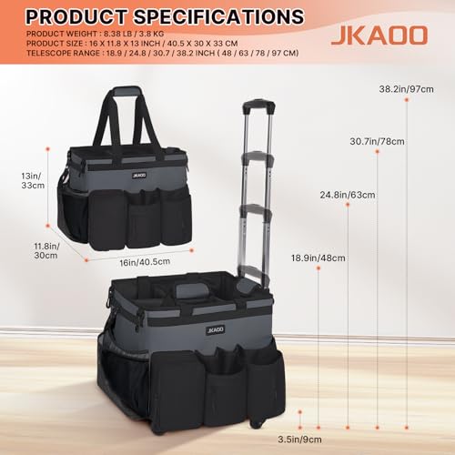 JKAOO Large Rolling Cleaning Caddy Bag with Detachable Trolley, Gray | Waterproof Cleaning Caddy with Wheels, 40L Wheeled Organizer Cart for Supplies, Housekeepers, Home, Office, Car, Picnic - color: Gray