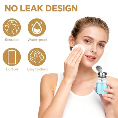 2-Pack 100ml/3.38oz Clear Glass Pump Dispenser Bottle with Metal Flip Top, Nail Polish Remover/Makeup Remover Refillable Press Container, 3.98×1.97 Inch Compact Size for Home, Travel & Salon - size: Circle + Circle