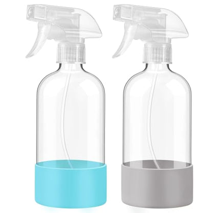 JohnBee Glass Spray Bottles with Silicone Sleeve, 2 Pack16 oz Empty Refillable Containers with Adjustable Spray Nozzles, Spray Bottles for Hair, Cleaning Solutions and Plants Blue&Grey - color: Blue&Grey