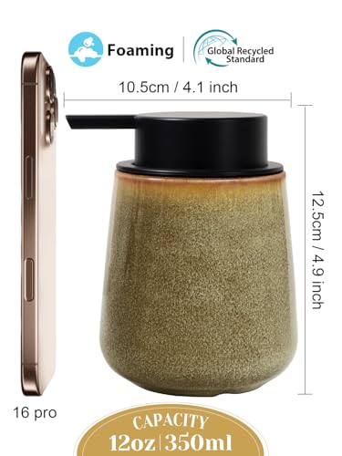 INGOFIN Ceramic Foaming Soap Dispenser - 12 oz Refillable Foam Hand Soap Dispenser Bathroom, Modern Dish Dispenser Pump for Kitchen,Kiln-Glazed Earthy Greenish-Brown - color: Kiln-glazed Greenish-brown-foam