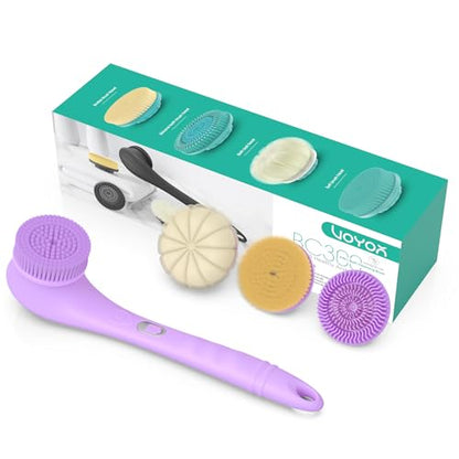 VOYOR Electric Body Brush Back Scrubber Silicone Body Scrubber Two-Way Rotating Brush Head for Deep Cleaning, Exfoliation, 4 Attachments Long Handle IPX6 Rechargeable Shower Brush BC300 (Purple) - color: Purple