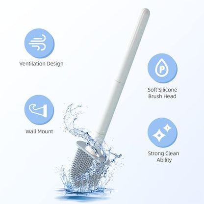 RV Silicone Toilet Brush with Holder, Drill-Free Wall Mounted Toilet Bowl Cleaner, Anti-Drip Anti-Roll Compact Brush for RV Camper & Small Bathroom - color: White 2pc