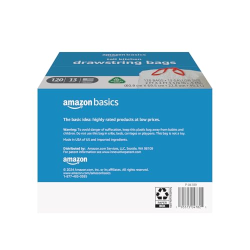 Amazon Basics 13 Gallon Tall Kitchen Drawstring Trash Bags, Unscented, 10% Post Consumer Recycled, 120 Count, White - size: 1 Count (Pack of 120)
