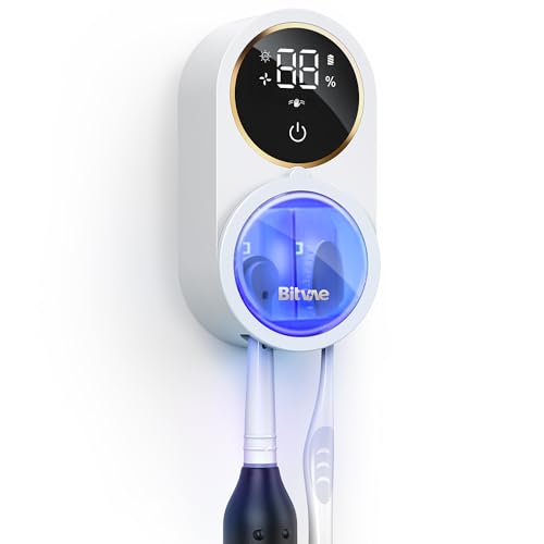 Bitvae Upgraded Tooth Brush Holder for Bathroom 2.0, Infrared Sensing Toothbrush Cleaner, Wall-Mounted for Most Size Toothbrushes, Air Drying, LED Smart Screen, White Gold Trim - color: White Gold Trim