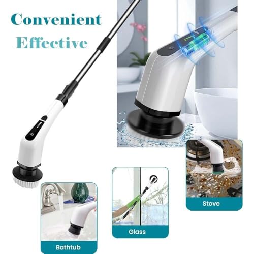 Electric Spin Scrubber with Digital Display, Cordless Cleaning Brush, 3000mAh Battery (90 Min), 8 Replaceable Brush Heads, Adjustable Extension Handle, Dual Speed Power Scrubber for Tub, Tile & Floor