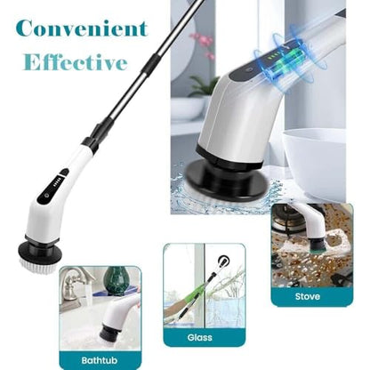 Electric Spin Scrubber with Digital Display, Cordless Cleaning Brush, 3000mAh Battery (90 Min), 8 Replaceable Brush Heads, Adjustable Extension Handle, Dual Speed Power Scrubber for Tub, Tile & Floor
