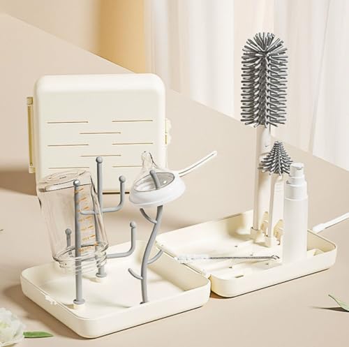6 in 1 Bottle Cleaning Set, Portable Silicone Bottle Brush Kit with Drying Rack & Storage Case, Travel & Home Use, Outdoor Essentials(White) - color: White