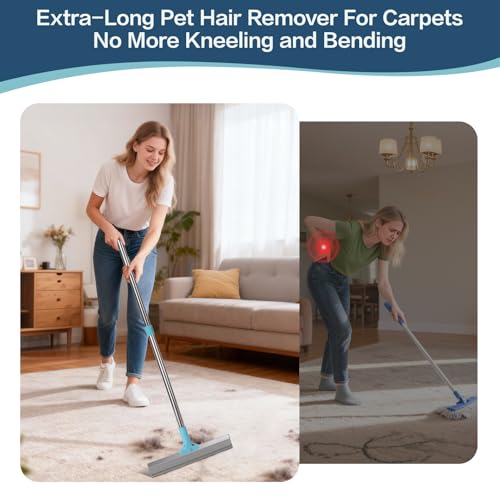 3 in 1 Carpet Rake for Pet Hair Removal, Reusable Pet Hair Remover Broom with 54" Adjustable Long Handle, Dog Cat Carpet Scraper Brush Tool Kit for Cleaning, Dog Fur Broom for Rugs, Mats, Couch