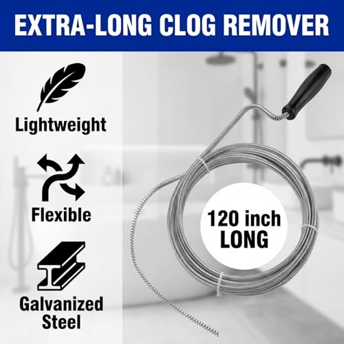 Metal Plumbers Snake for Drains, Sink, Pipe | 10 ft Small Thin Drain Snake Tool for Kitchen, Bathroom RV Toilet, AC Drain Line Unclogger