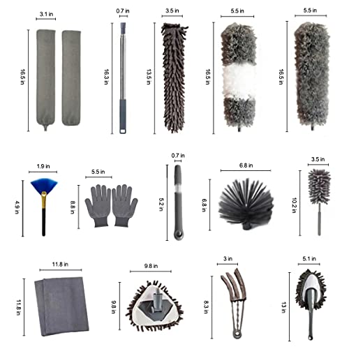 Duster Household Cleaning Supplies Kit 16pcs Microfiber Feather Duster 100in Extension Pole Reusable Bendable Cobweb Duster Window High Ceiling Fan Gap Cleaner