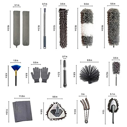 Duster Household Cleaning Supplies Kit 16pcs Microfiber Feather Duster 100in Extension Pole Reusable Bendable Cobweb Duster Window High Ceiling Fan Gap Cleaner