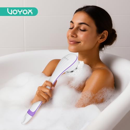 VOYOR Electric Body Brush Back Scrubber for Shower Rechargeable Exfoliating Bath Brush Powered Shower Brush with Non-Slip Long Handle Deep Cleansing, Exfoliation, Massaging Spin Brush BC100 (Purple) - color: Purple