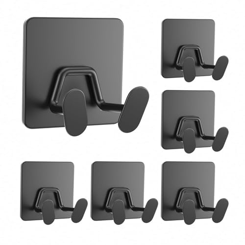 Adhesive Shower Hooks for Inside - Extra Sticky Stainless, Razor Holder Shower Accessories, Wall Mounted Self-Adhesive Double Hooks for Razor, Loofah, Towel, Shaver, Coat, Key, Matt Black, 6 Pack - color: Black, size: 6 Pack