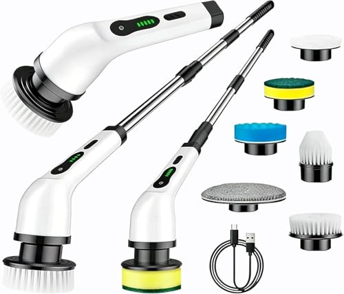 Electric Spin Scrubber,for Mom, 6 Interchangeable Brush Heads, IPX7 Waterproof Cordless Scrubber with Extendable Handle, 2-Speed Rechargeable Bathroom Cleaner for Tub Tile Grout Toilet