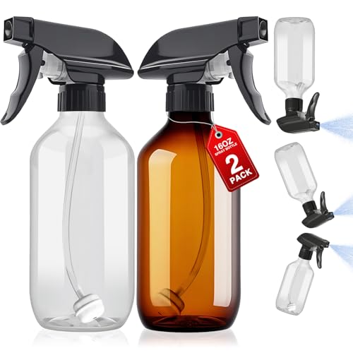 2 Packs Plastic Spray Bottles 360°Water Spray Bottle for Cleaning - 16.9 oz/500 ml Upside Down Spray Bottle Small Squirt Bottle with Adjustable Nozzle for Hair, Cooking, Plant, Pet (Clear + Brown) - color: Clear & Brown, size: 16 Ounce