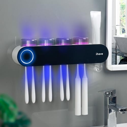 iHave Toothbrush Holders for Bathrooms, UV Toothbrush Sanitizer and Holder Smart Home Bathroom Accessories, 4 Cups Electric Toothbrush Holder Wall Mounted with Toothpaste Dispenser Bathroom Decor - color: Uv Black 4 Cups