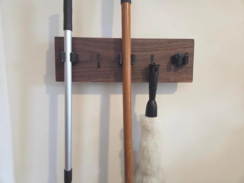 Farmhouse Wooden Broom Mop Holder Wall Mounted Cleaning Tool Storage Rack with Metal Clips for Home Laundry Room Garage Organizer