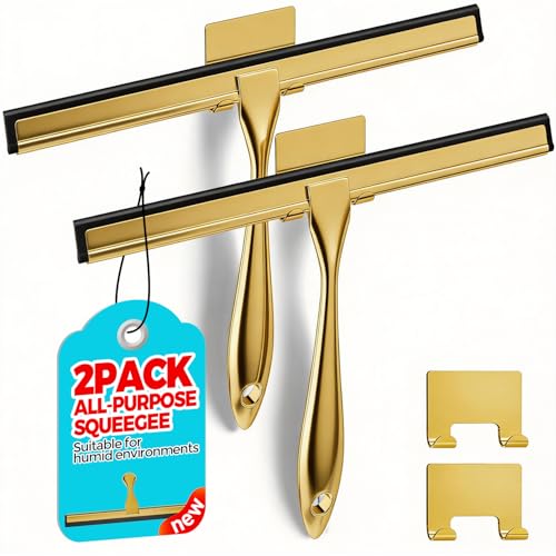 ALFLOD 2PACK 12-Inch Golden All-Purpose Shower Squeegee for Shower Doors, Bath Linen Sets, Tile Shower Walls, Bathroom, Window, Glass and Car Windshield, Mirrors and Kitchen-Stainless Steel - color: Golden, size: 12 Inch