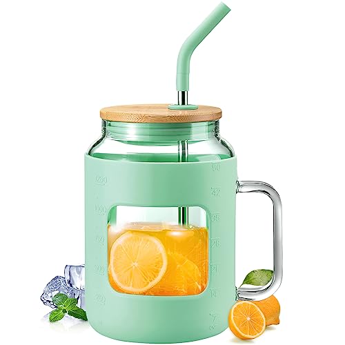 WINSA 50 oz Glass Water Bottles with Silicone Sleeve,Glass Tumbler with Lid and Straw,Iced Coffee Cup with Handle,BPA Free-Green - color: Green