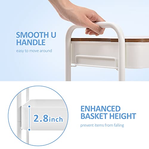 TOOLF 3-Tier Rolling Cart with Table Top, Metal Storage Cart on Wheels, Utility Organizer with Wooden Tray, Lockable Casters, Easy Assembly for Bathroom, Living Room, Office, Kitchen, White - color: White