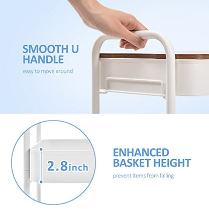 TOOLF 3-Tier Rolling Cart with Table Top, Metal Storage Cart on Wheels, Utility Organizer with Wooden Tray, Lockable Casters, Easy Assembly for Bathroom, Living Room, Office, Kitchen, White - color: White